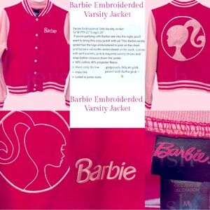 NWT GORGEOUSLY SOFT BARBIE EMBROIDERED VARSITY JACKET SzM BARBIE PK DELICATE PK